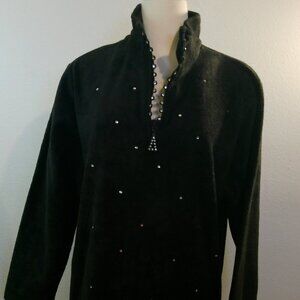 Quacker Factory Womens Fleece Black Rhinestone 1/4 Zip Pullover Sweater Size 1X
